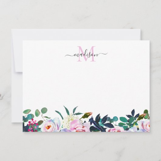 Elegant Floral Blush Pink White Peony Monogram Notitiekaartje (Voorkant)