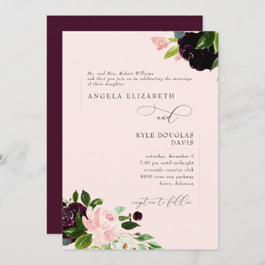 Elegant Floral Blush & Wine Bride Parents Wedding Kaart (Voorkant / Achterkant)