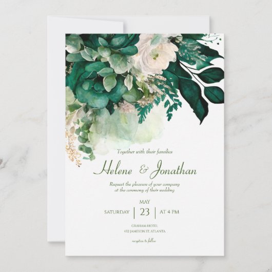 Elegant Floral Boho Modern Emerald Green Wedding Kaart (Voorkant)