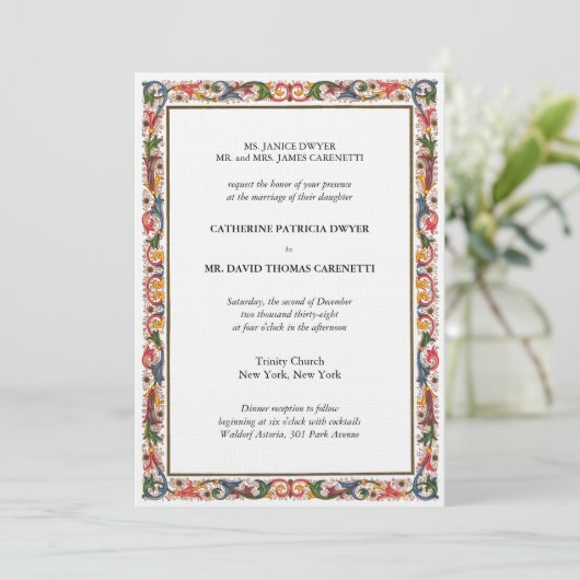 Elegant Floral Border Blue & Gold Wedding Kaart (Staand voorkant)