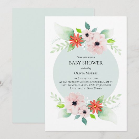 Elegant Floral Botanical Flowers Baby shower Kaart (Voorkant / Achterkant)