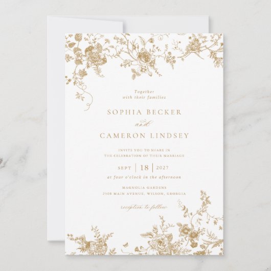 Elegant Floral  Botanical Gold Wedding Kaart (Voorkant)