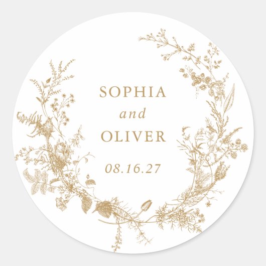 Elegant Floral  Botanical Gold Wedding Ronde Sticker (Voorkant)