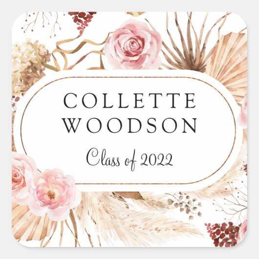 Elegant Floral Botanical Graduation Party Invitati Vierkante Sticker (Voorkant)