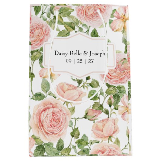 Elegant Floral Botanical Rose Pink Wedding Medium Cadeauzakje (Voorkant)