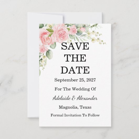 Elegant Floral Botanical Rose Pink Wedding Save The Date (Voorkant)