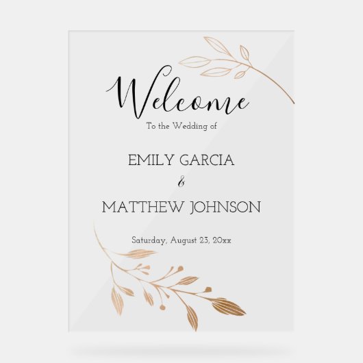 Elegant Floral Botaniqe Gold Foil Wedding Acryl Bord (Voorkant)