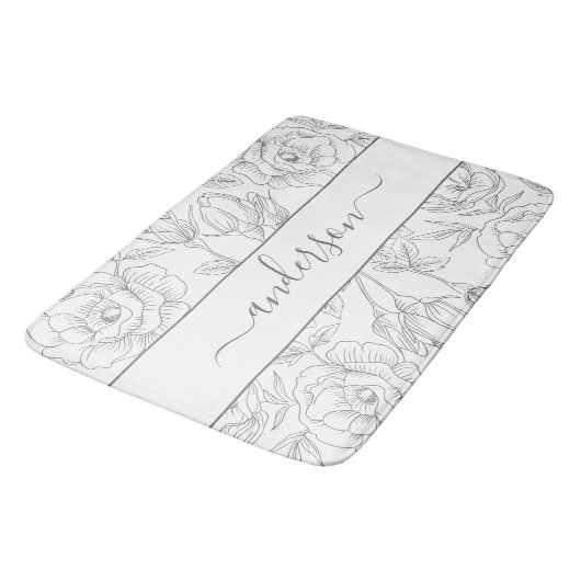 Elegant Floral Botanisch Wit Grijs Monogram Badmat (Gekanteld)