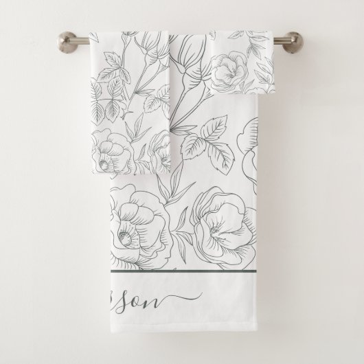 Elegant Floral Botanische Grijze Monogram Bad Handdoek (Insitu)