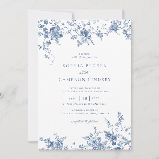 Elegant Floral  Botanische marineblauw huwelijk Kaart (Voorkant)