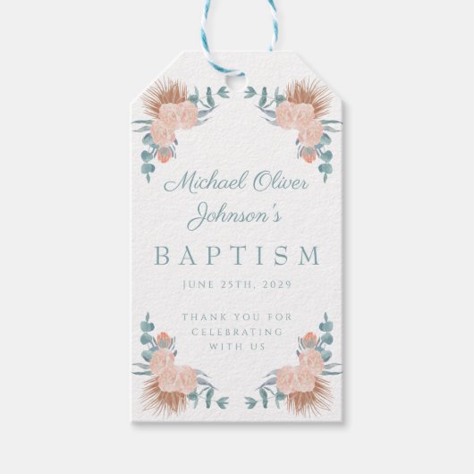 Elegant Floral Boy Foto Baptisme Cadeaulabel (Voorkant)