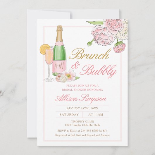 Elegant Floral Bridal Brunch en Bubble Invitation Kaart (Voorkant)