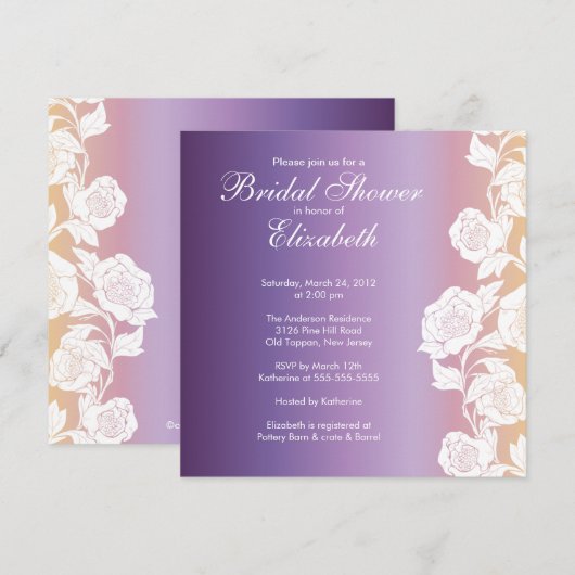 Elegant Floral Bridal Shower Invitation Paars Kaart (Voorkant / Achterkant)