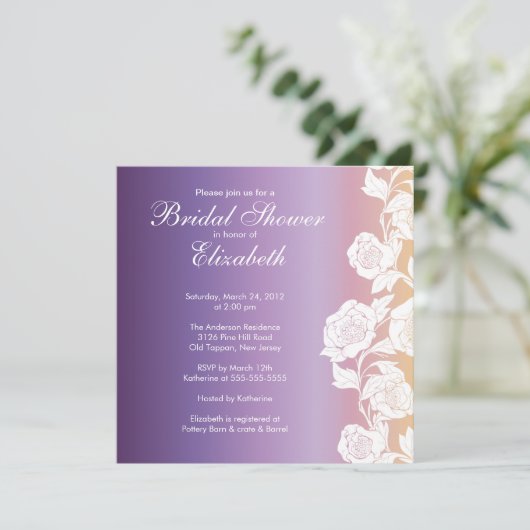 Elegant Floral Bridal Shower Invitation Paars Kaart (Staand voorkant)