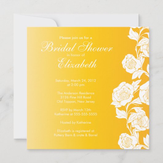 Elegant Floral Bridal Shower Invitation Yellow Kaart (Voorkant)