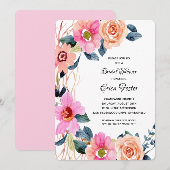 Elegant Floral Bridal Shower Invitations (Voorkant / Achterkant)