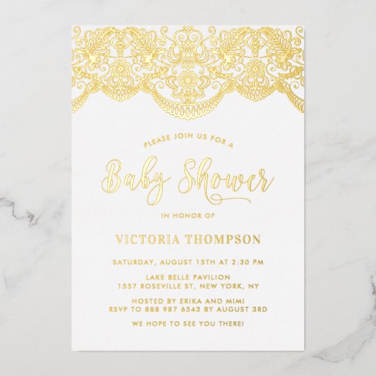 Elegant Floral Brocade Lace Baby shower Folie Uitnodiging (Voorkant)
