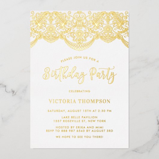 Elegant Floral Brocade Lace Birthday Party Folie Uitnodiging (Voorkant)