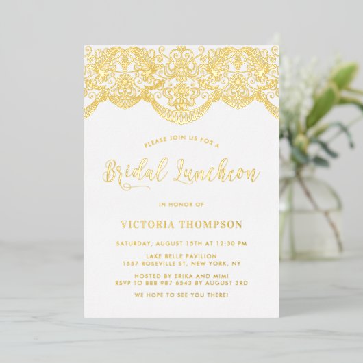 Elegant Floral Brocade Lace Bridal Luncheon Folie Uitnodiging (Staand Voorkant)