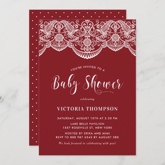 Elegant Floral Brocade Lace Red Baby shower Kaart (Voorkant / Achterkant)