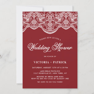 Elegant Floral Brocade Lace Red Wedding Shower Kaart