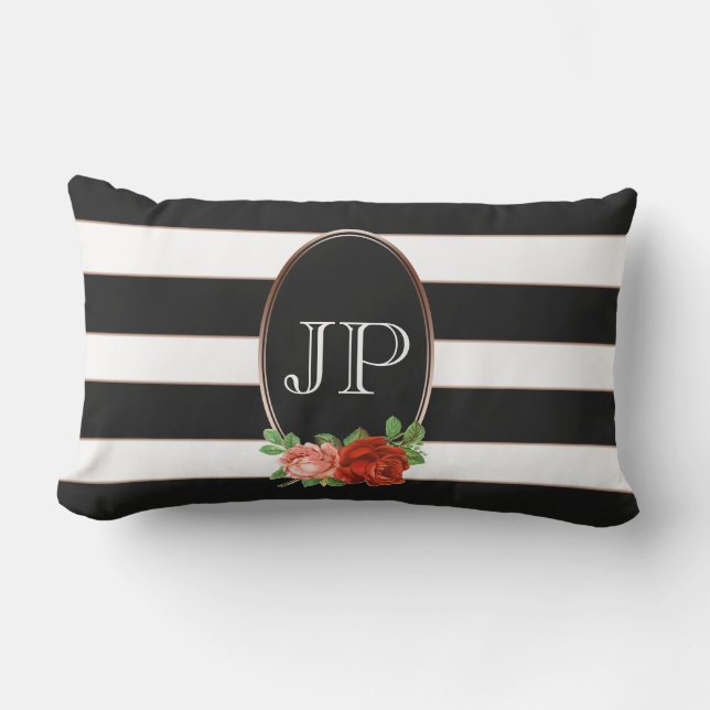 Elegant Floral Bronze Black White Striped Monogram Buitenkussen (Voorkant)