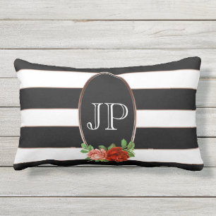Elegant Floral Bronze Black White Striped Monogram Buitenkussen