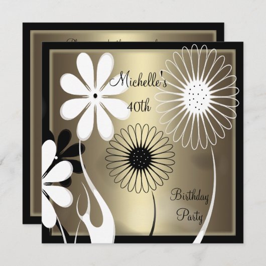 Elegant Floral Bronze zwart wit 40e verjaardag Kaart (Voorkant / Achterkant)