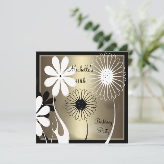 Elegant Floral Bronze zwart wit 40e verjaardag Kaart (Staand voorkant)