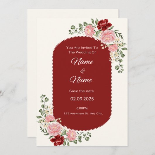 Elegant floral bruiloft kaart (Voorkant / Achterkant)