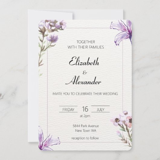Elegant floral bruiloft nodigt paarse bloemen uit kaart (Voorkant)