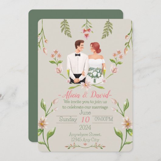 elegant floral bruiloft uitnodiging (Voorkant / Achterkant)