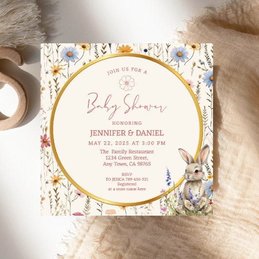 Elegant Floral Bunny Beige Baby shower Kaart