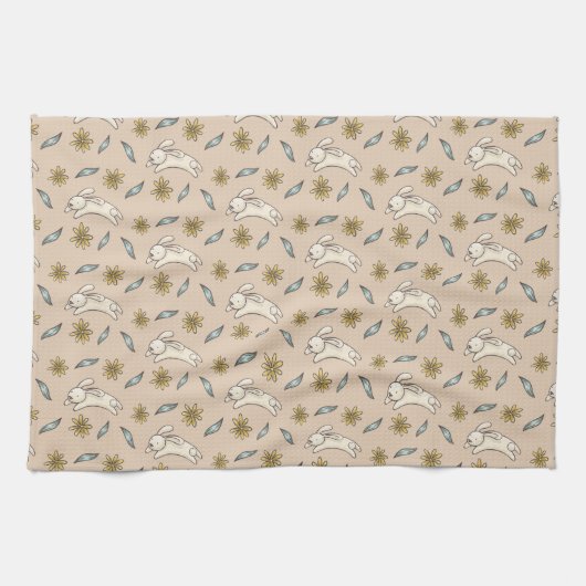 Elegant Floral Bunny Pattern Easter Kitchen Towel Theedoek (Horizontaal)