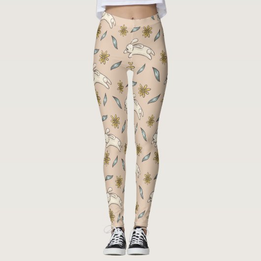 Elegant Floral Bunny Pattern Pasen | Leggings (Voorkant)