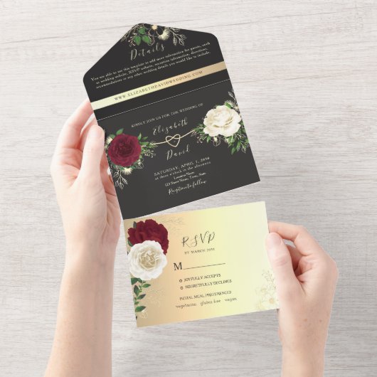 Elegant Floral Burgundy and Black Wedding All In One Uitnodiging (Afscheurbaar)