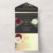 Elegant Floral Burgundy and Black Wedding All In One Uitnodiging (Binnen)