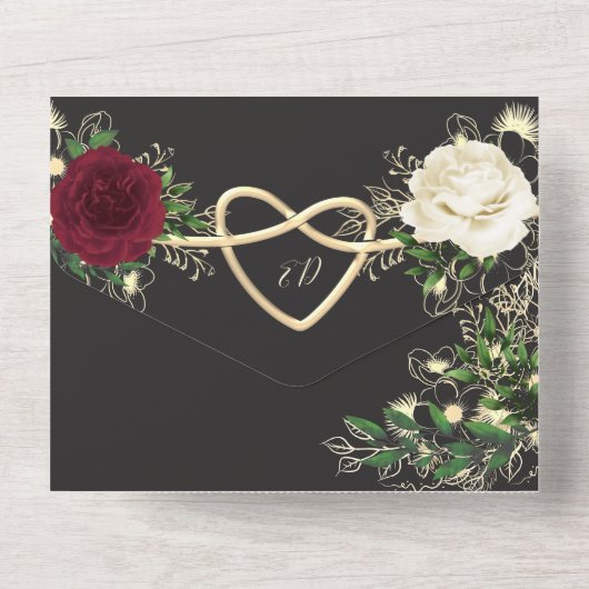 Elegant Floral Burgundy and Black Wedding All In One Uitnodiging (Achterkant)