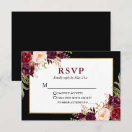 Elegant Floral Burgundy Black Gold Lijst Weddensch RSVP Kaartje