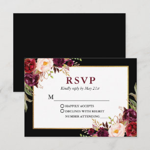 Elegant Floral Burgundy Black Gold Lijst Weddensch RSVP Kaartje