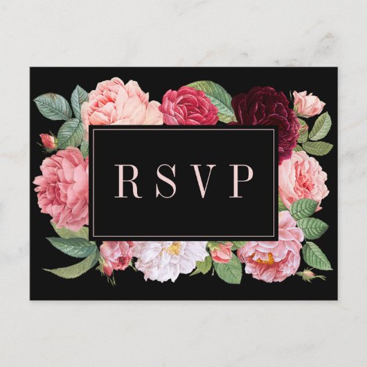 Elegant Floral Burgundy Black Wedding RSVP Briefkaart (Voorkant)