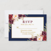 Elegant Floral Burgundy Blue Gold Wedding RSVP Kaartje (Voorkant)