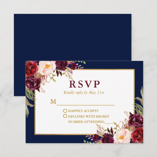 Elegant Floral Burgundy Blue Gold Wedding RSVP Kaartje (Voorkant / Achterkant)