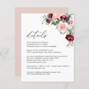 Elegant Floral Burgundy Blush Wedding Details Informatiekaartje