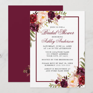 Elegant Floral Burgundy Bridal Shower Kaart
