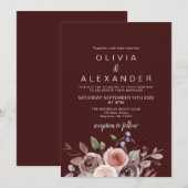 Elegant Floral burgundy bruiloft uitnodiging (Voorkant / Achterkant)