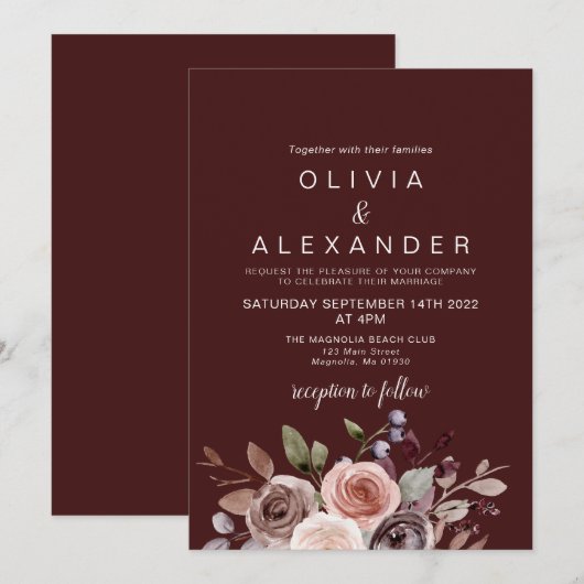 Elegant Floral burgundy bruiloft uitnodiging (Voorkant / Achterkant)