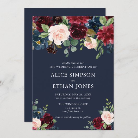 Elegant Floral Burgundy en Navy Blue Kaart (Voorkant / Achterkant)