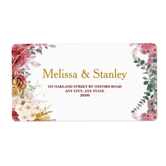 Elegant Floral Burgundy Gold Eucalyptus Weddenscha Etiket (Voorkant)