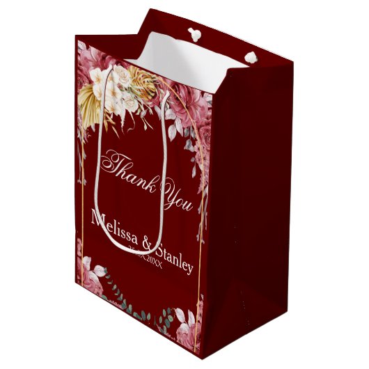 Elegant Floral Burgundy Gold Eucalyptus Weddenscha Medium Cadeauzakje (Voorkant Gekanteld)